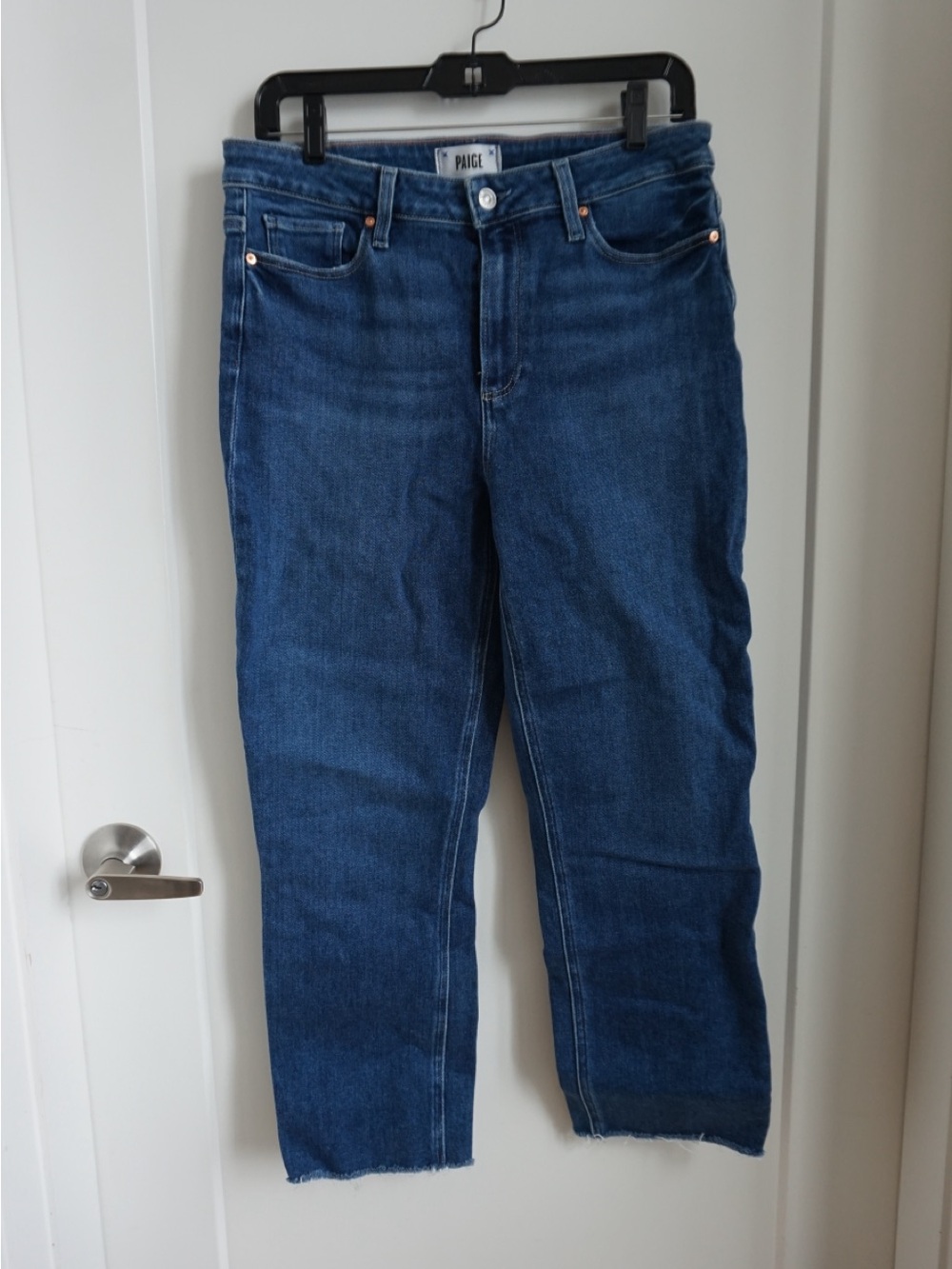 PAIGE Dark Blue Cropped Straight-Leg Jeans